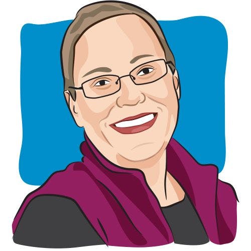 Illustration of a woman with rectangular glasses and a magenta vest.